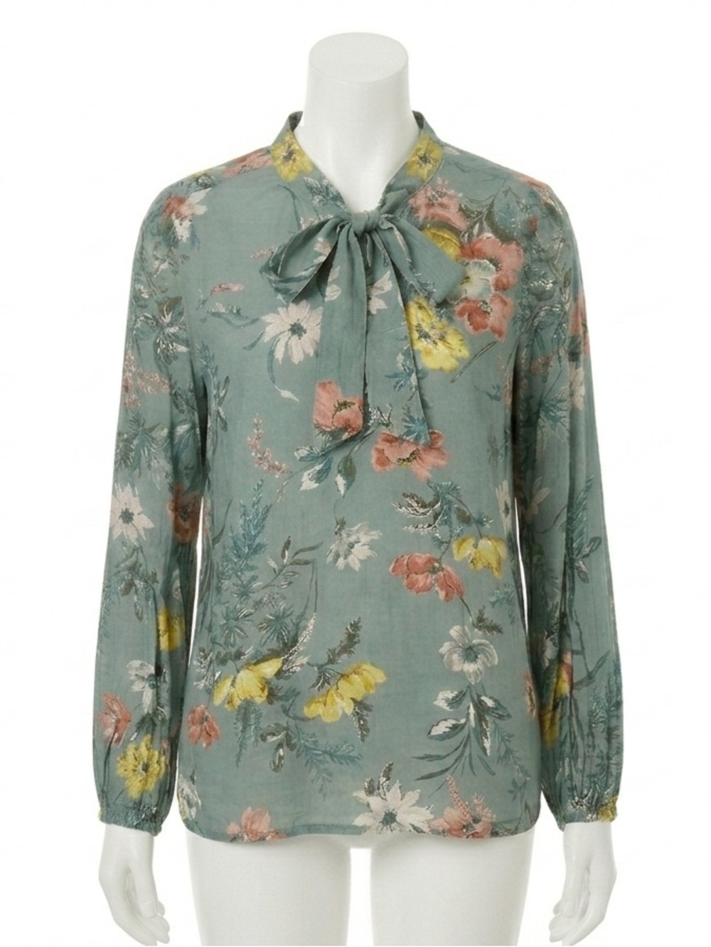 LOFT Sage Green Floral Tie-Neck Blouse - Pink & Yellow Flowers - Size MP